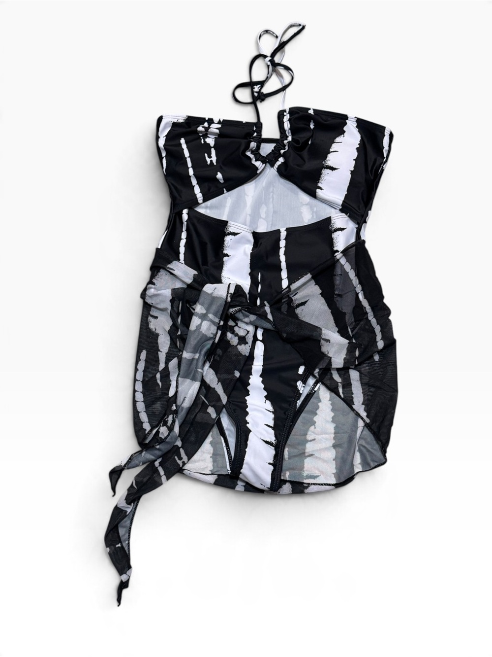 SHEIN Black & White Tie-Dye Strapless One-Piece with Mesh Overlay